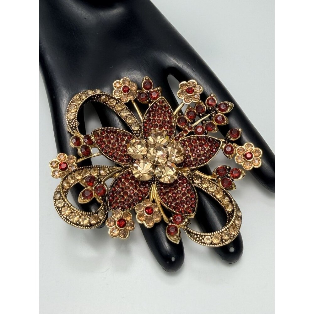 Avon 35 Years 2006 Floral Gold Tone Crystal Brooch Pin Red Amber Rhinestone 3"